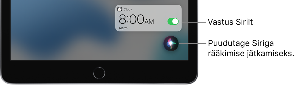 Siri Home Screen-kuvas. Märguanne rakenduselt Clock näitab, et äratus on lülitatud sisse kella 8:00-ks hommikul. All paremal kuvatavat nuppu saab kasutada Siriga rääkimise jätkamiseks.