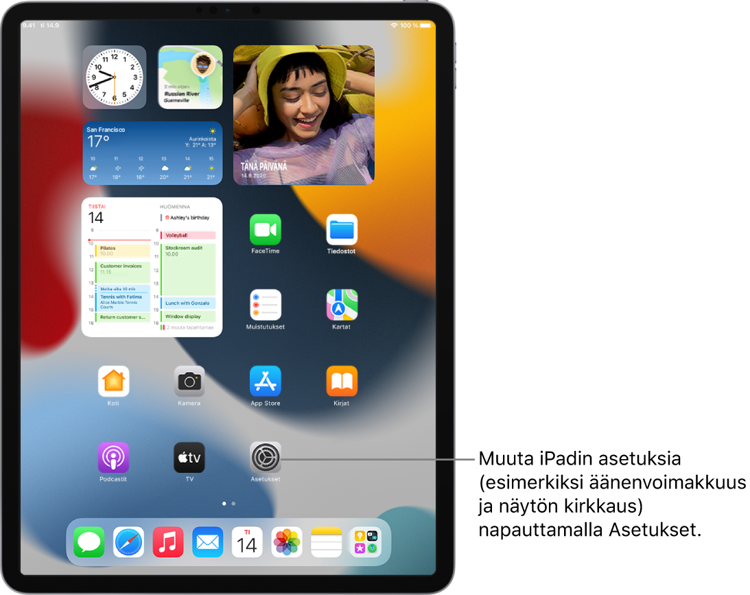 iPadin Koti-valikko, jossa näkyy useita appikuvakkeita, muun muassa Asetukset-apin kuvake, jota napauttamalla voit muuttaa esimerkiksi iPadin äänenvoimakkuutta ja näytön kirkkautta.