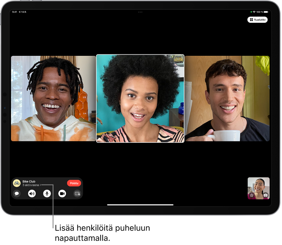 FaceTime-ryhmäpuhelu, jossa on puhelun aloittaja mukaan lukien neljä osallistujaa. Kukin osallistuja näkyy omassa ruudussaan.