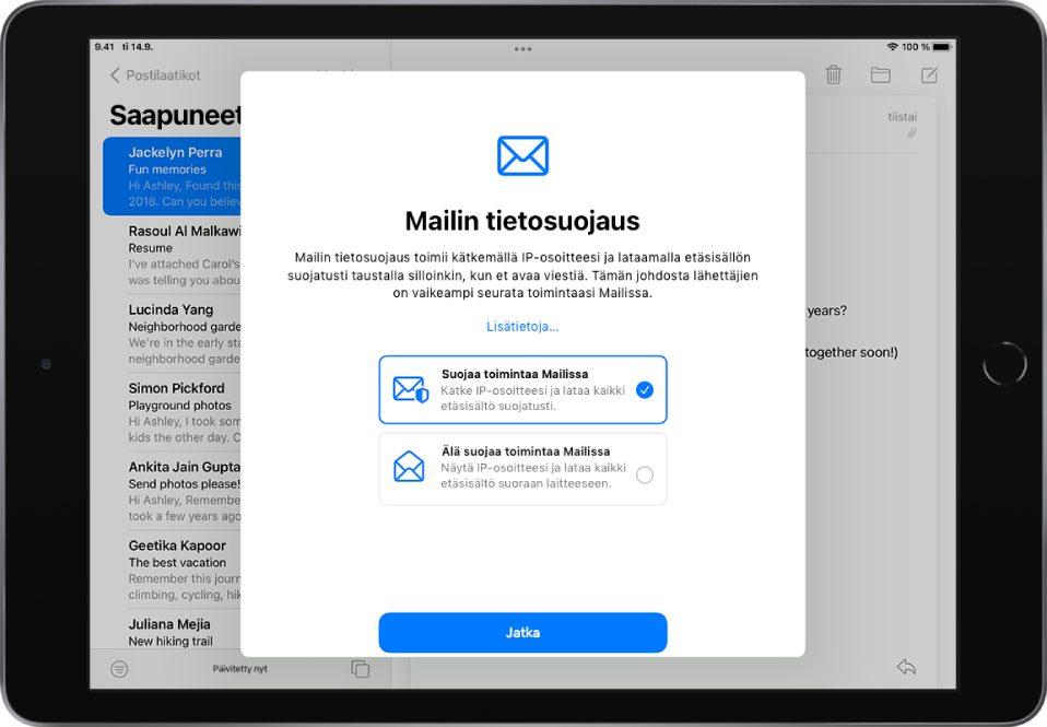 Mailin tietosuojauksen käyttöönoton valintaikkuna, jossa kuvataan ominaisuudet ja tarjotaan kaksi vaihtoehtoa: ”Suojaa toiminta Mailissa” ja ”Älä suojaa toimintaa Mailissa”.