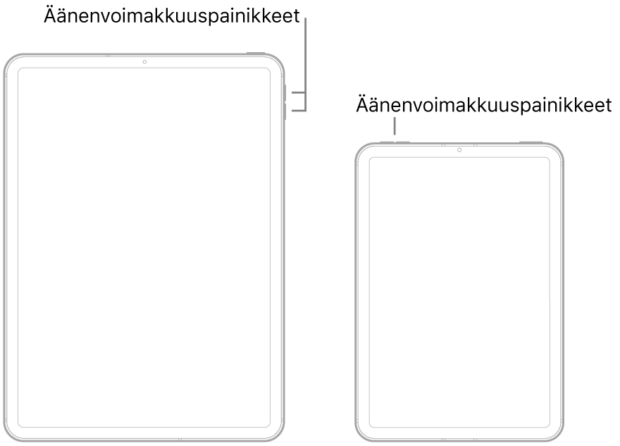 Kaksi eri iPad-mallia edestä. Vasemmalla olevassa mallissa äänenvoimakkuuspainikkeet ovat lähellä oikeaa yläreunaa ja yläpainike on yläoikealla. Oikealla olevassa mallissa äänenvoimakkuuspainikkeet ovat vasemmassa yläreunassa ja yläpainike/Touch ID -painike on yläoikealla.