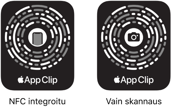 Vasemmalla on NFC-integroitu appiklippikoodi, jonka keskellä on iPhone-kuvake. Oikealla on skannattava appiklippikoodi, jonka keskellä on kamerakuvake.