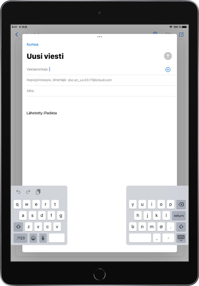 Uutta sähköpostiviestiä kirjoitetaan niin, että näppäimistö on jaettu ja vapautettuna iPadin näytön alareunassa.