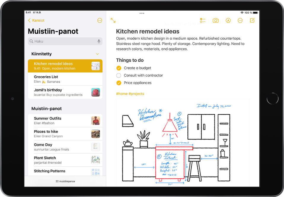 iPad on vaaka-asennossa ja Muistiinpanot-appi on avoinna. Muistiinpanoluettelo on vasemmalla ja valittu muistiinpano avattuna oikealla. Muistiinpanoluettelon vasemmassa yläkulmassa on musta nuoli, jota napauttamalla saa näkyviin kansioita ja tilejä. Muistiinpanon oikeassa yläkulmassa on painikkeet tarkistuslistan lisäämiseen, kuvan lisäämiseen tai dokumentin skannaamiseen, käsinkirjoitustyökalujen näyttämiseen ja uuden muistiinpanon luomiseen.