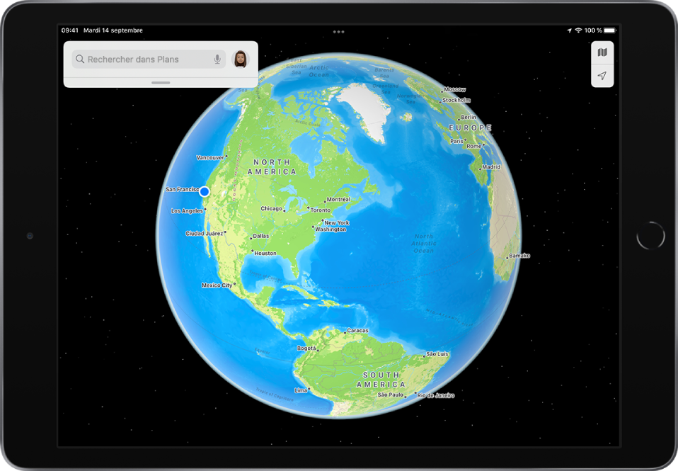 La Terre représentée sous la forme d’un globe avec des continents, des villes et des océans identifiés par leur nom.