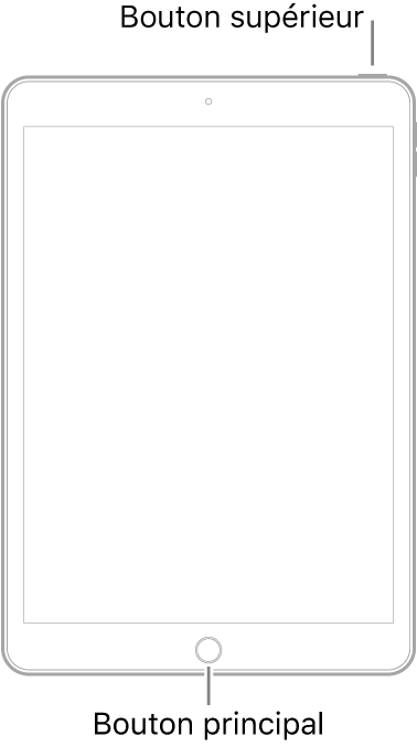 Une illustration d’un iPad avec le bouton principal en bas de l’appareil. Le bouton supérieur est affiché près du bord droit.