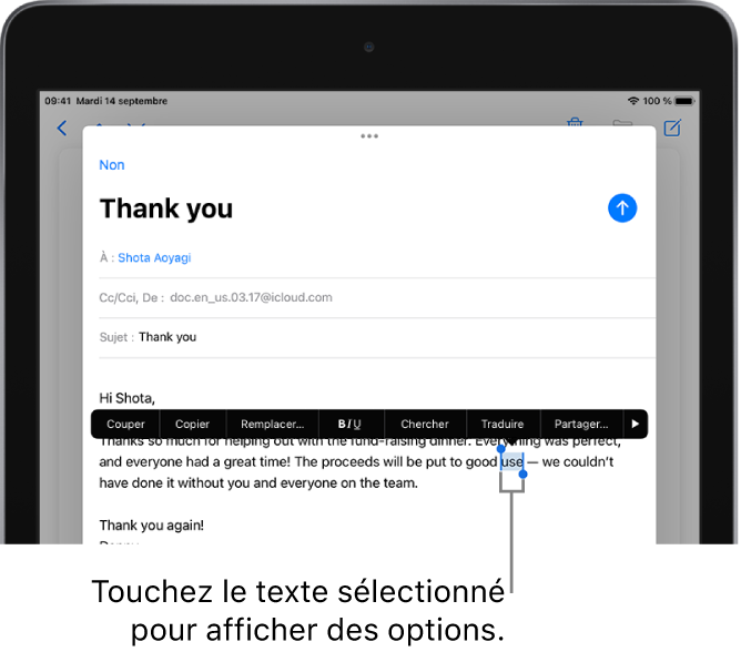 Un exemple d’e-mail avec une partie du texte sélectionné. Au-dessus de la sélection se trouvent les boutons Couper, Copier, Coller et Remplacer, ainsi que des commandes supplémentaires. Le texte sélectionné est mis en évidence avec des poignées de chaque côté.
