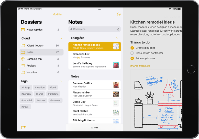 L’iPad en orientation paysage et affiche l’app Notes. Sur la gauche de l’écran, de gauche à droite, figurent les options suivantes : Dossiers, iCloud et Tags. Le champ de recherche est situé au centre en haut de l’écran. Il est suivi par les options Épinglées et Notes. Une note est ouverte dans la partie droite de l’écran.