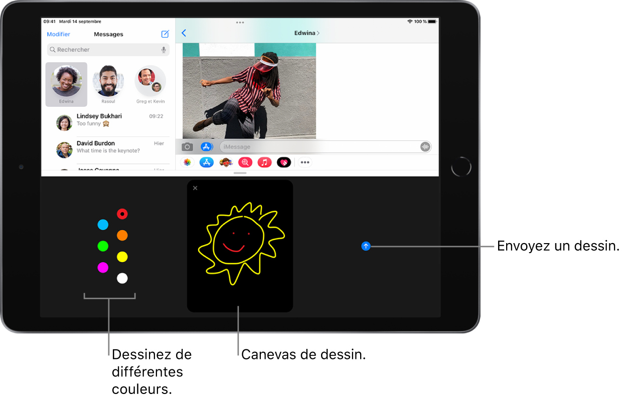 Un écran Messages avec l’écran Digital Touch en bas. Les options de couleurs sont à gauche, le canevas de dessin est au centre et le bouton Envoyer est à droite.