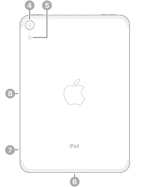 La vue de dos de l’iPad mini, avec des légendes liées à l’appareil photo arrière et au flash en haut à gauche, au connecteur USB-C en bas au centre, au support pour carte SIM (Wi-Fi + Cellular) en bas à gauche, ainsi qu’au connecteur magnétique pour l’Apple Pencil à gauche.