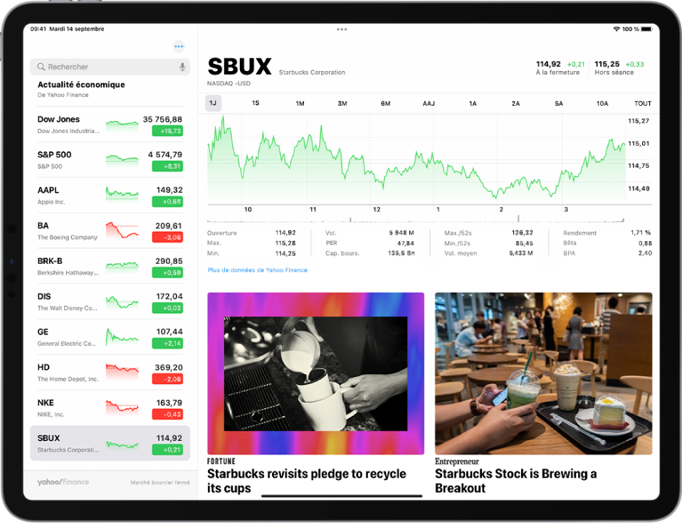 L’écran de Bourse en orientation paysage. Le champ de recherche se trouve dans le coin supérieur gauche. En dessous du champ de recherche figure la liste de suivi. Une action de la liste de suivi est sélectionnée. Au milieu de l’écran, un graphique indique les performances de l’action sélectionnée. La vue représentant une journée est sélectionnée. Au-dessus du graphique se trouvent des boutons permettant d’afficher les performances de l’action sur une journée, une semaine, un mois, trois mois, six mois, un an, deux ans, cinq ans ou dix ans. En dessous du graphique figurent des informations sur l’action, notamment son cours d’ouverture, son cours le plus élevé, son cours le plus faible et sa capitalisation boursière. Sous les informations du graphique se trouvent des articles d’Apple News sur le thème de l’action.