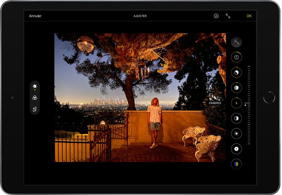 L’écran Modifier avec une photo au centre. À gauche de la photo se trouvent les boutons Modifier, Filtres et Recadrer ; le bouton Modifier est sélectionné. À droite de la photo se trouvent les boutons pour modifier les effets et un curseur pour ajuster le niveau de chaque effet. Dans le coin supérieur gauche se trouve le bouton Annuler et dans le coin supérieur droit se trouvent les boutons Annoter, « Activer le mode plein écran » et OK.