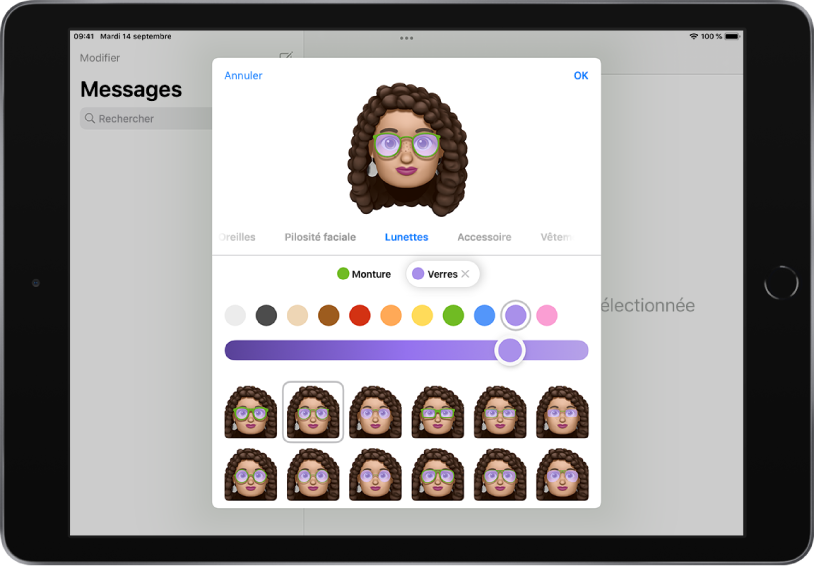 L’écran de création d’un Memoji dans l’app Messages où vous pouvez choisir les lunettes.