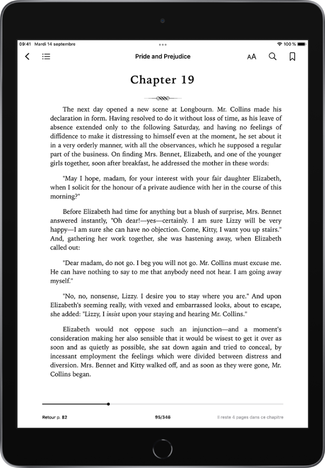 La page d’un livre ouvert dans l’app Livres affichant les commandes de navigation en haut de l’écran, de gauche à droite : l’option pour fermer un livre, la table des matières, le menu de l’aspect, la fonction de recherche et la fonction de signet.