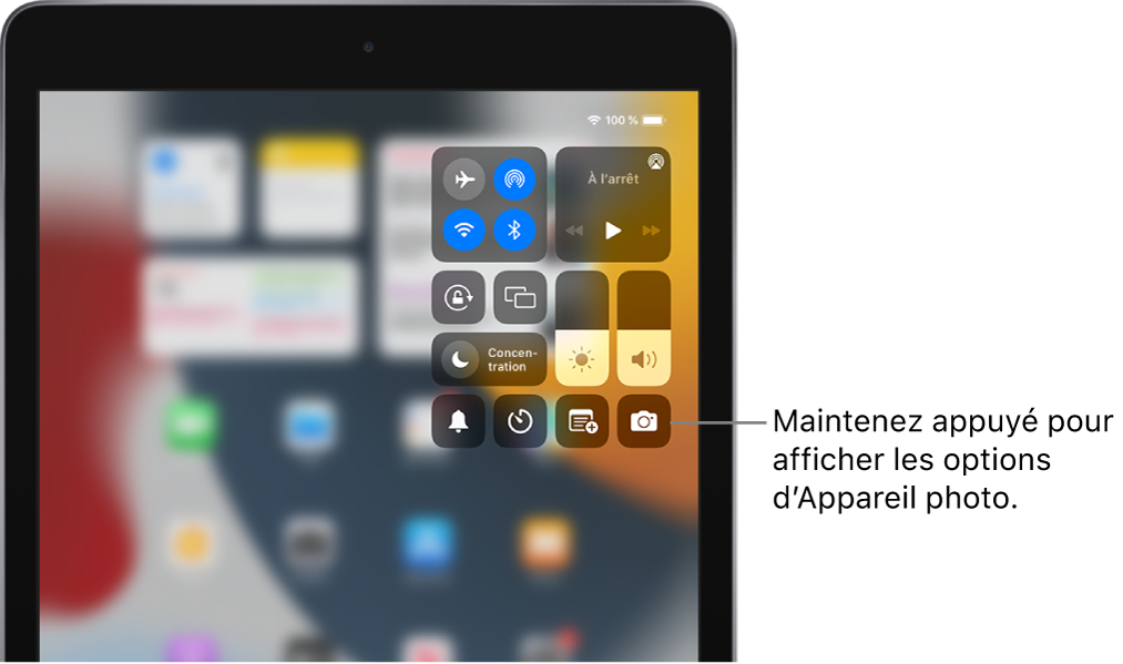 Commandes associées au mode Avion, aux données cellulaires, au Wi-Fi et au Bluetooth dans le groupe en haut à gauche du Centre de contrôle pour les modèles d’iPad Wi-Fi + Cellular. La commande « Appareil photo » se trouve en bas à droite.