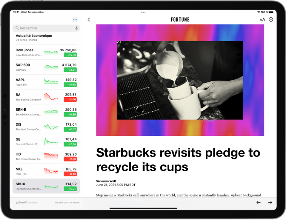 L’écran de Bourse en orientation paysage. Un article d’Apple News occupe le centre de l’écran. Le champ de recherche se trouve dans le coin supérieur gauche. En dessous du champ de recherche figure la liste de suivi. En haut à gauche de l’article se trouve le bouton Retour, qui permet de revenir à l’app Bourse. En haut à droite de l’article figurent les boutons « Taille du texte » et « Plus d’actions ». Les boutons Précédent et Suivant se trouvent dans le coin inférieur droit.