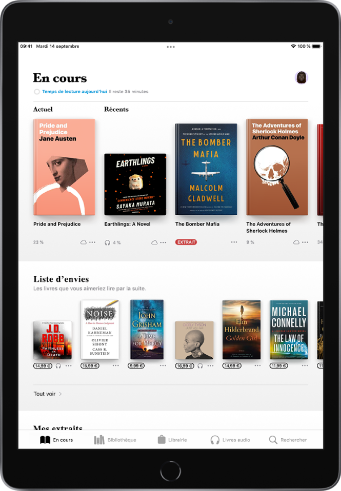 Un écran de l’app Livres. En bas de l’écran se trouvent, de gauche à droite, les onglets En cours, Bibliothèque, Librairie, Livres audio et Rechercher ; l’onglet « En cours » est sélectionné. En haut de l’écran se trouve la section « En cours », qui présente les livres en cours de lecture. En dessous se trouve la section « Liste d’envies », qui présente les livres que vous pourriez avoir envie de lire.