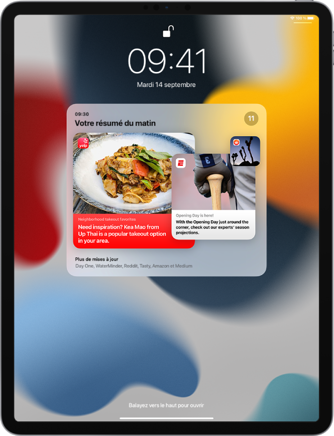 Un résumé des notifications reçues pendant qu’un résumé programmé était activé dans les réglages Notifications. Ces notifications ont été stockées dans le centre de notifications, jusqu’à l’heure de fin du résumé programmé.
