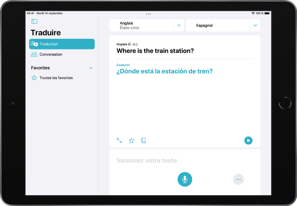 L’onglet Traduction, affichant deux sélecteurs de langue, anglais et espagnol, en haut de l’écran, une traduction au milieu et le champ « Saisir du texte » en bas.