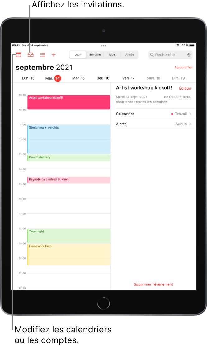 Un calendrier en présentation Jour. Les boutons en haut au centre permettent de modifier la présentation (Jour, Semaine, Mois ou Année). Le bouton Calendriers en haut à gauche permet de changer de calendriers ou de comptes. Le bouton Notifications en haut à gauche permet d’afficher les invitations.