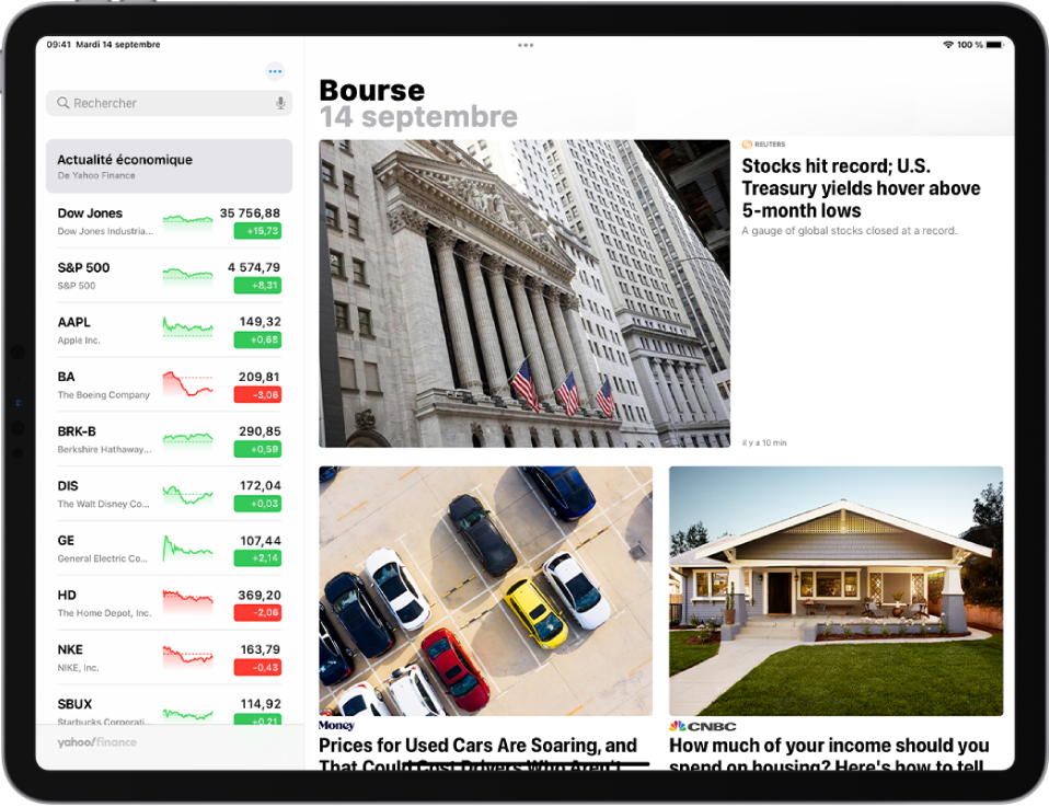 L’écran de Bourse en orientation paysage. Le champ de recherche se trouve dans le coin supérieur gauche. En dessous du champ de recherche figure la liste de suivi. Les principaux articles associés aux actions de la liste de suivi occupent le reste de l’écran.