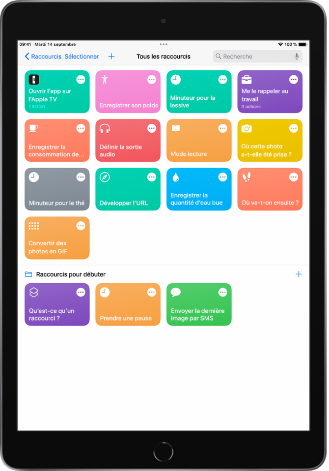 L’onglet « Mes raccourcis ». Un champ de recherche se trouve en haut de l’écran. Des raccourcis figurent en dessous. Ils permettent de réaliser des tâches quotidiennes, comme créer un PDF, partager votre position et régler un minuteur pour la lessive. En bas de l’écran se trouvent les onglets Automatisation et Galerie.