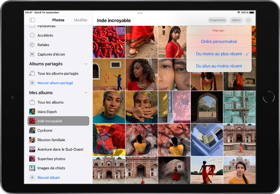 La barre latérale de Photos est ouverte sur le côté gauche de l’écran. Sous l’en-tête « Mes albums », l’album intitulé « Amazing India » est sélectionné. Le reste de l’écran est rempli de vignettes de photos de l’album présentées au sein d’une grille. Dans le coin supérieur droit de l’écran, le bouton Plus est sélectionné et les options de tri suivantes sont affichées : « Ordre personnalisé », « Du moins au plus récent » et « Du plus au moins récent ». L’option « Du moins au plus récent » est sélectionnée.