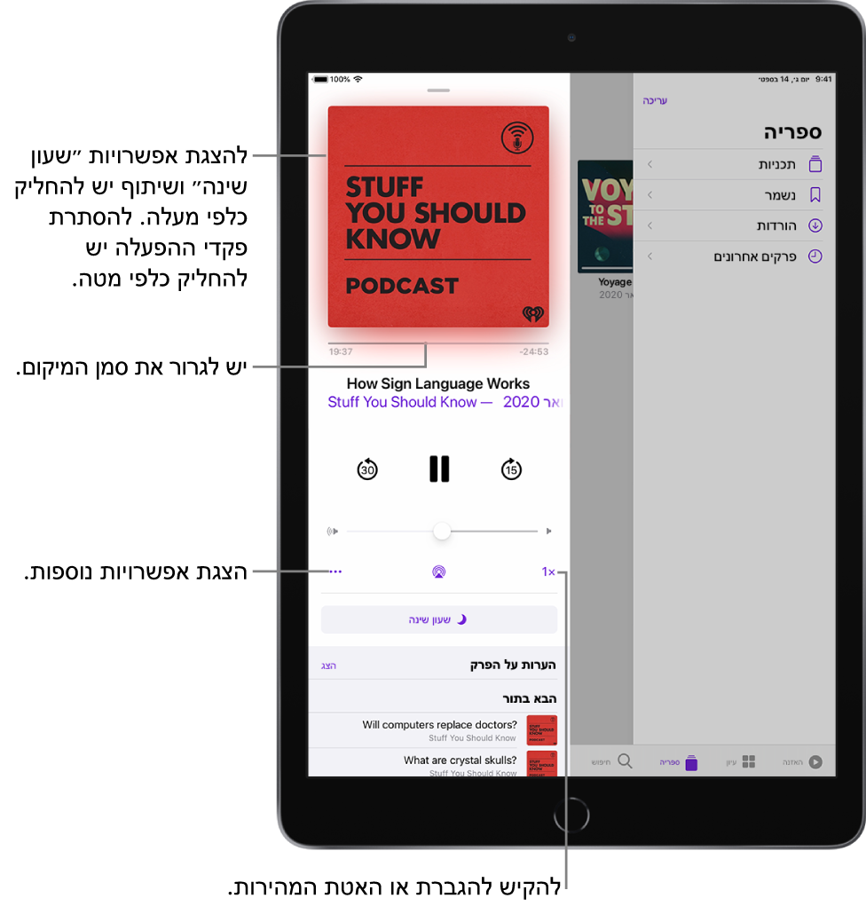 פקדי הפעלת פודקאסט בצדו הימני של המסך. במרכז נמצאים הפקדים להפעלה או השהיה של הפודקאסט. מתחת לו נמצא פקד בקרת עוצמת הקול. בראש המסך ישנו מחוון להעברת הפודקאסט אחורה או קדימה. בפינה הימנית התחתונה נמצא כלי הבקרה של שינוי מהירות ההפעלה. בפינה השמאלית התחתונה מופיע הכפתור ״עוד״.