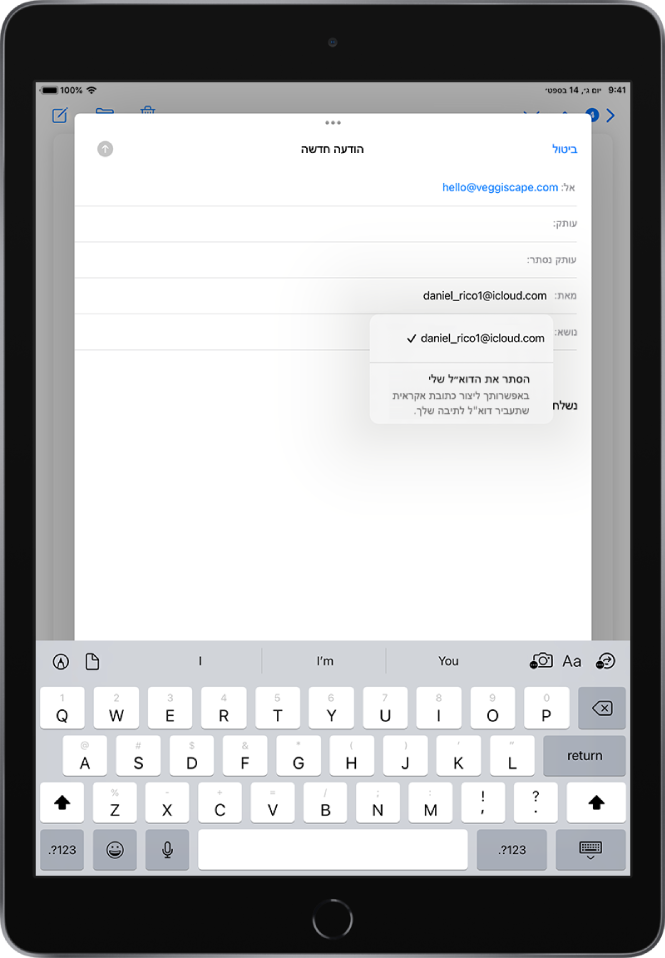 כתיבת טיוטה של הודעת דוא״ל. השדה ״מאת״ נבחר עם שתי אפשרויות שמופיעות מתחתיו – כתובת דוא״ל אישית ו״הסתר את הדוא״ל שלי״.