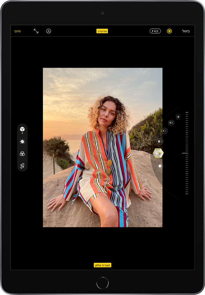 תמונה במצב ״פורטרט״ נמצאת במרכז מסך ״עריכה״. הכפתורים ״ביטול״, ״תאורת פורטרט״ ו״התאמת עומק״ נמצאים בפינה הימנית העליונה והפקד ״תאורת פורטרט״ נבחר. בחלק העליון המרכזי של המסך מופיע הכפתור ״התאמת עומק״ במצב פעיל. בפינה השמאלית העליונה נמצאים הכפתורים ״סימון״, ״מעבר למסך מלא״ ו״סיום״. כלי העריכה נמצאים בצדו הימני של המסך: מלמעלה למטה, פקדי ״פורטרט״, ״התאם״, ״מסננים״ ו״חיתוך״. פקדי ״פורטרט״ נבחרו. בצדו השמאלי של המסך מופיעים פקדי התאורה.