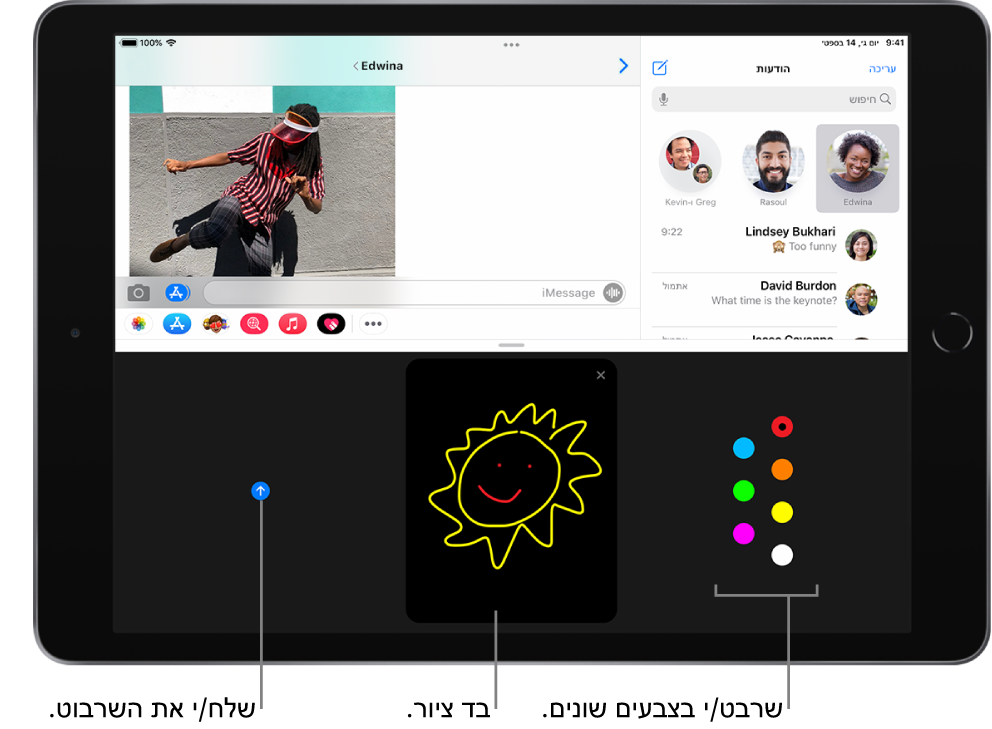 מסך של ״הודעות״, עם המסך של Digital Touch בחלק התחתון. אפשרויות הצבעים נמצאות משמאל, בד הציור במרכז והכפתור ״שלח״ מימין.
