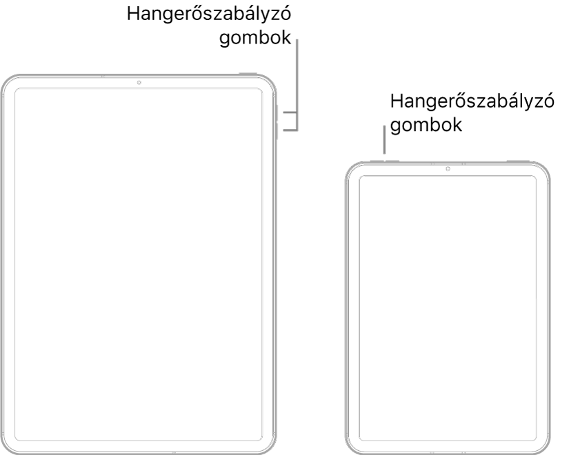 Két különböző iPad modell elölnézetből. A bal oldali modell hangerőgombjai a felső rész jobb oldalának közelében találhatók, a felső gomb pedig a felső rész jobb oldalán. A jobb oldali modell hangerőgombjai a felső rész bal oldalán találhatók, a felső gomb/Touch ID pedig a felső rész jobb oldalán.