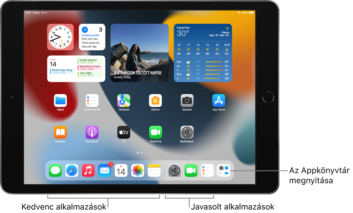 A Dock, amelynek bal oldalán hét kedvenc app, jobb oldalán pedig három javasolt app látható. A Dockban lévő jobb szélső ikonnal megnyithatja az Appkönyvtárat.