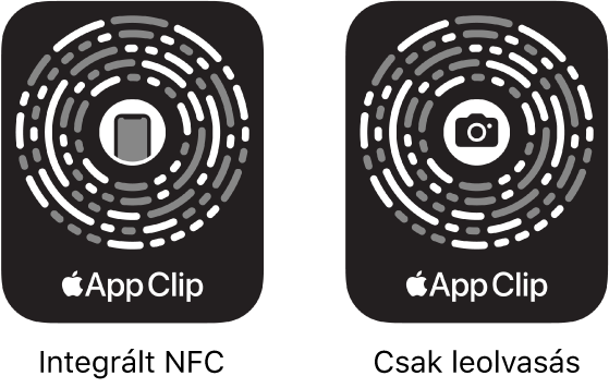 A bal oldalon egy NFC-vel integrált apprészlet-kód látható középen egy iPhone ikonnal. A jobb oldalon egy csak leolvasható apprészlet-kód látható középen egy kameraikonnal.