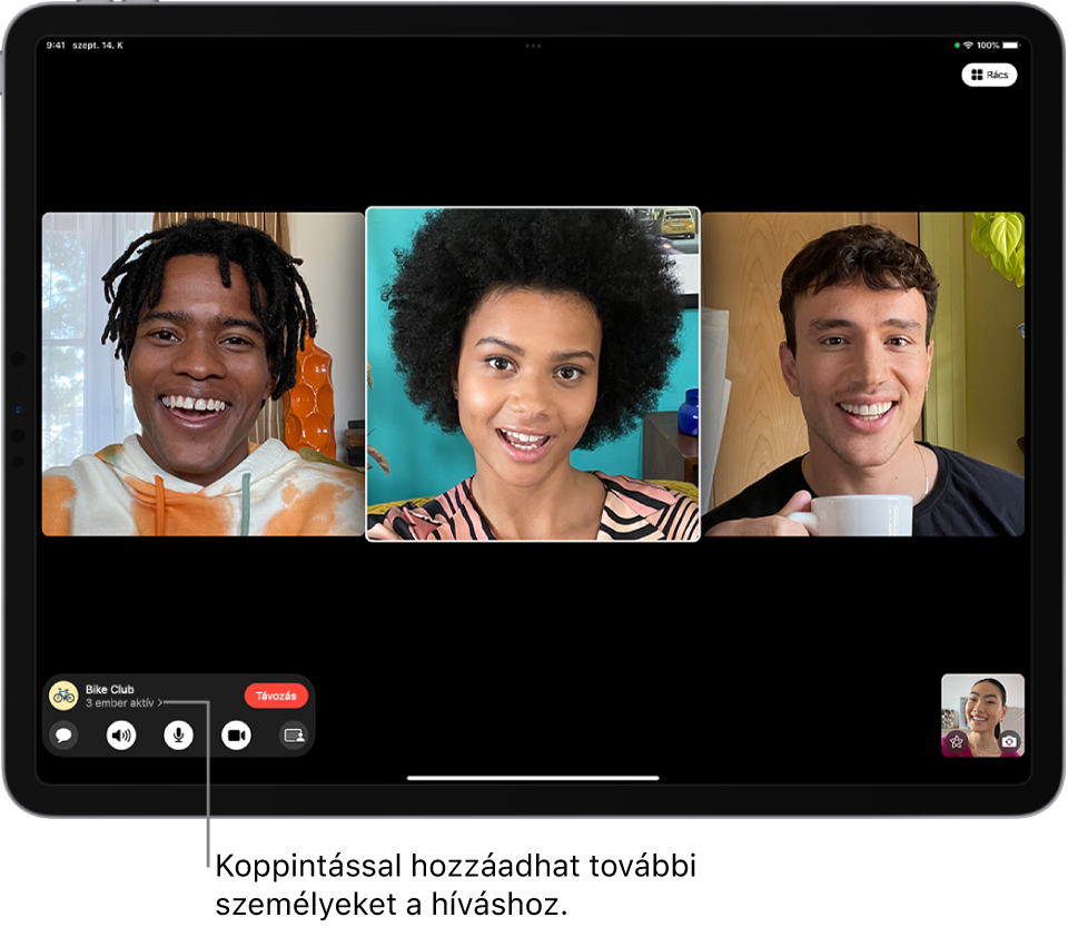Egy csoportos FaceTime-hívás négy résztvevővel, a hívást kezdeményező személyt is beleértve. Mindegyik résztvevő egy külön mozaikon látható.