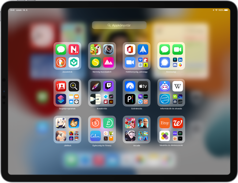 Appkönyvtár az iPad Főképernyőjén.