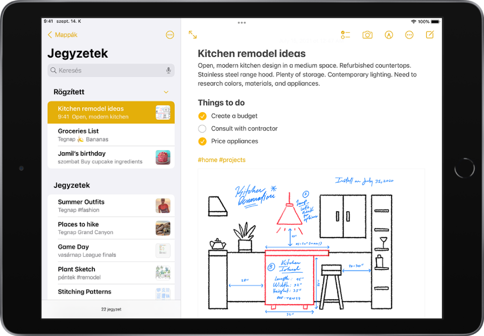 Az iPad vízszintes pozícióban a megnyitott Jegyzetek appal. A képernyő bal oldalán a jegyzetlista látható, jobb oldalon pedig a kiválasztott jegyzet van megnyitva. A jegyzetlista bal felső sarkában egy visszafelé mutató nyíl található, amelyre koppintva megtekintheti a mappákat és fiókokat. A jegyzet jobb felső sarkában lévő gombok ellenőrzőlista létrehozására, fotó hozzáadására, dokumentum szkennelésére, a kézírásos eszközök megjelenítésére és új jegyzet létrehozására használhatók.