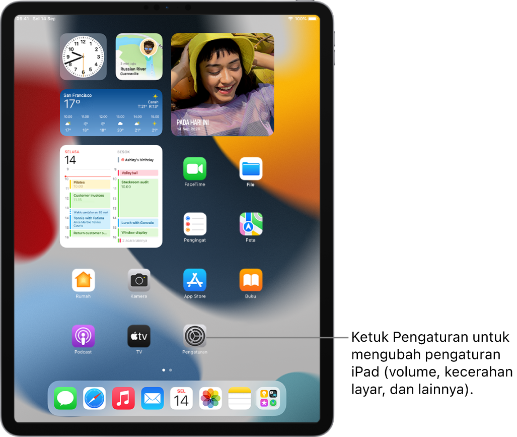 Layar Utama iPad dengan beberapa ikon app, meliputi ikon app Pengaturan, yang dapat Anda ketuk untuk mengubah volume bunyi, kecerahan layar iPad Anda, dan lainnya.