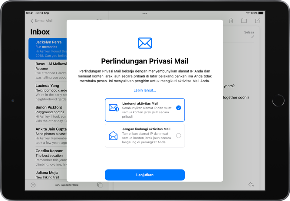 Dialog pengaturan Perlindungan Privasi Mail, yang menjelaskan fitur dan menawarkan dua pilihan: “Lindungi aktivitas mail” dan “Jangan lindungi aktivitas mail”.