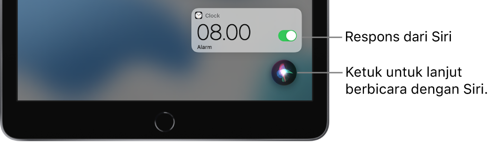 Siri di Layar Utama. Pemberitahuan dari app Jam memperlihatkan bahwa alarm dinyalakan untuk pukul 08.00. Tombol di kanan bawah layar digunakan untuk melanjutkan berbicara dengan Siri.