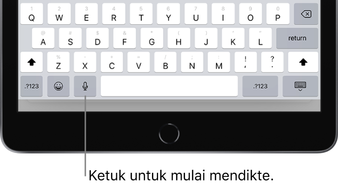 Papan ketik pada layar menampilkan tombol Dikte (di sebelah kiri bar Spasi), yang dapat Anda ketuk untuk mulai mendikte teks.