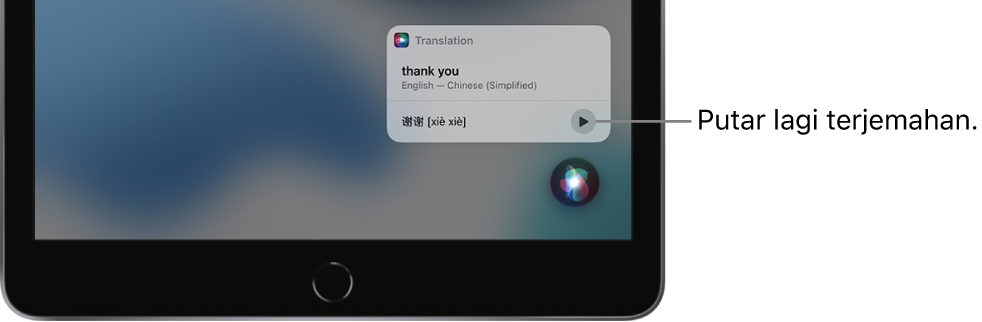 Siri menampilkan terjemahan frasa Bahasa Inggris “thank you” ke Mandarin. Tombol di sebelah kanan terjemahan memutar lagi audio terjemahan.