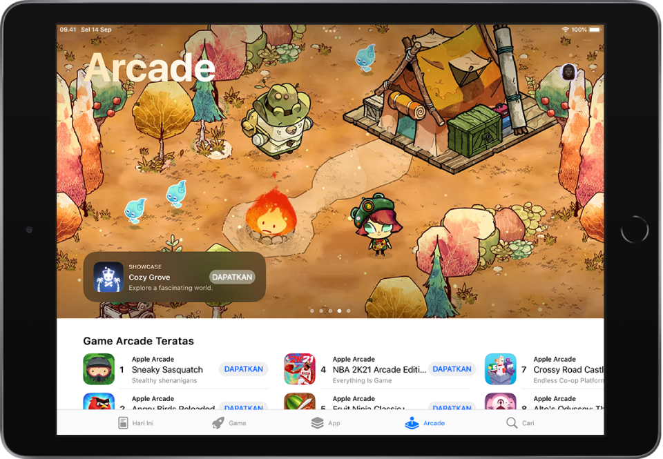 Layar Arcade di App Store menampilkan game di bagian atas dan Game Arcade Teratas di tengah. Di sepanjang bagian bawah, dari kiri ke kanan, terdapat tab Hari Ini, Game, App, Arcade, dan Cari.