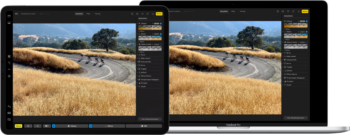 Layar Mac di samping layar iPad. Kedua layar menampilkan jendela dari aplikasi pengeditan foto.