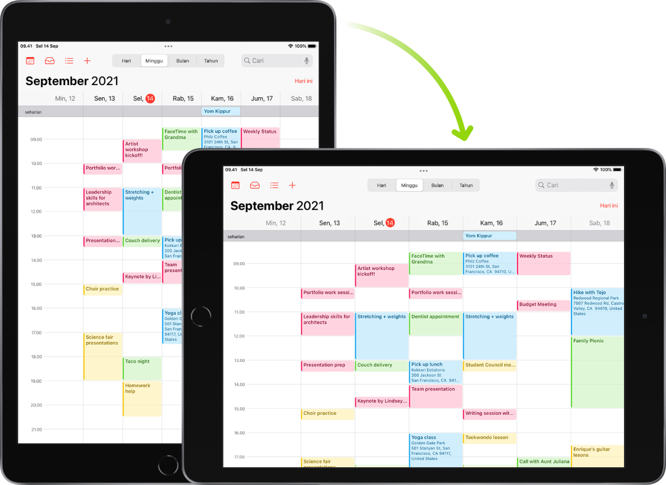 Di latar belakang, iPad menampilkan layar Kalender dalam orientasi potret; di latar depan, iPad diputar dan menampilkan layar Kalender dalam orientasi lanskap.