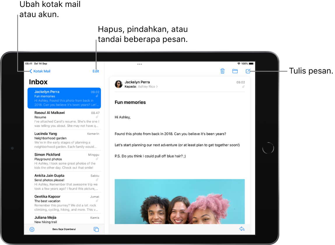 Inbox Mail dengan daftar email di sebelah kiri, dan topik email yang terbuka di sebelah kanan. Tombol Kotak Mail untuk beralih ke kotak mail lain ada di pojok kiri atas. Tombol untuk memfilter email sehingga hanya email jenis tertentu yang dimunculkan berada di pojok kiri bawah. Tombol untuk menulis email baru berada di pojok kanan atas.