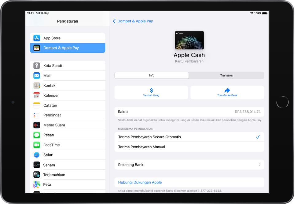 Layar detail kartu Apple Cash, tombol Tambah Uang dan Transfer ke Bank di kanan atas, di atas saldo.