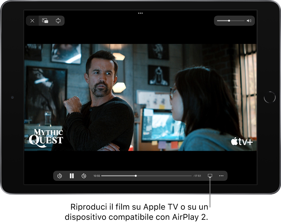 Un film in riproduzione sullo schermo di iPad. Nella parte inferiore dello schermo sono visibili i controlli di riproduzione, tra cui il pulsante AirPlay in basso a destra.