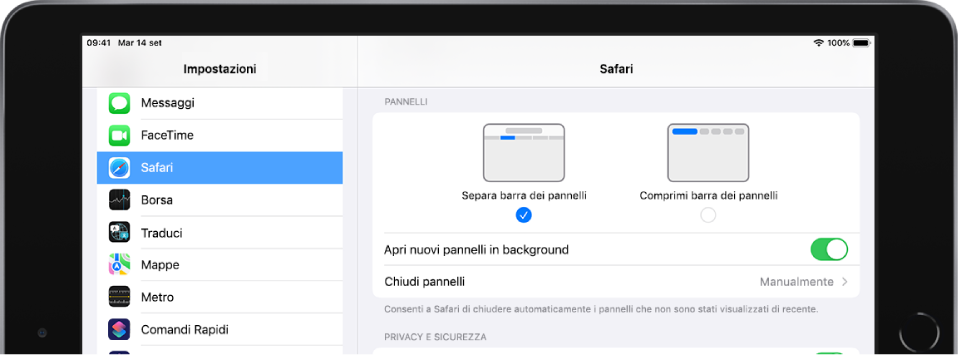 La sezione Safari dell'app Impostazioni. Nella sezione pannelli, sono presenti le opzioni “Separa barra dei pannelli” o “Comprimi barra dei pannelli”. Le altre opzioni includono “Apri nuovi pannelli in background” e “Chiudi pannelli”.