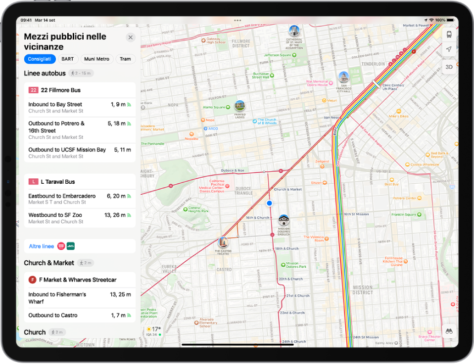 Una mappa che mostra le linee dei mezzi pubblici principali. Una scheda “Mezzi pubblici nei dintorni” sulla sinistra mostra 4 linee suggerite.